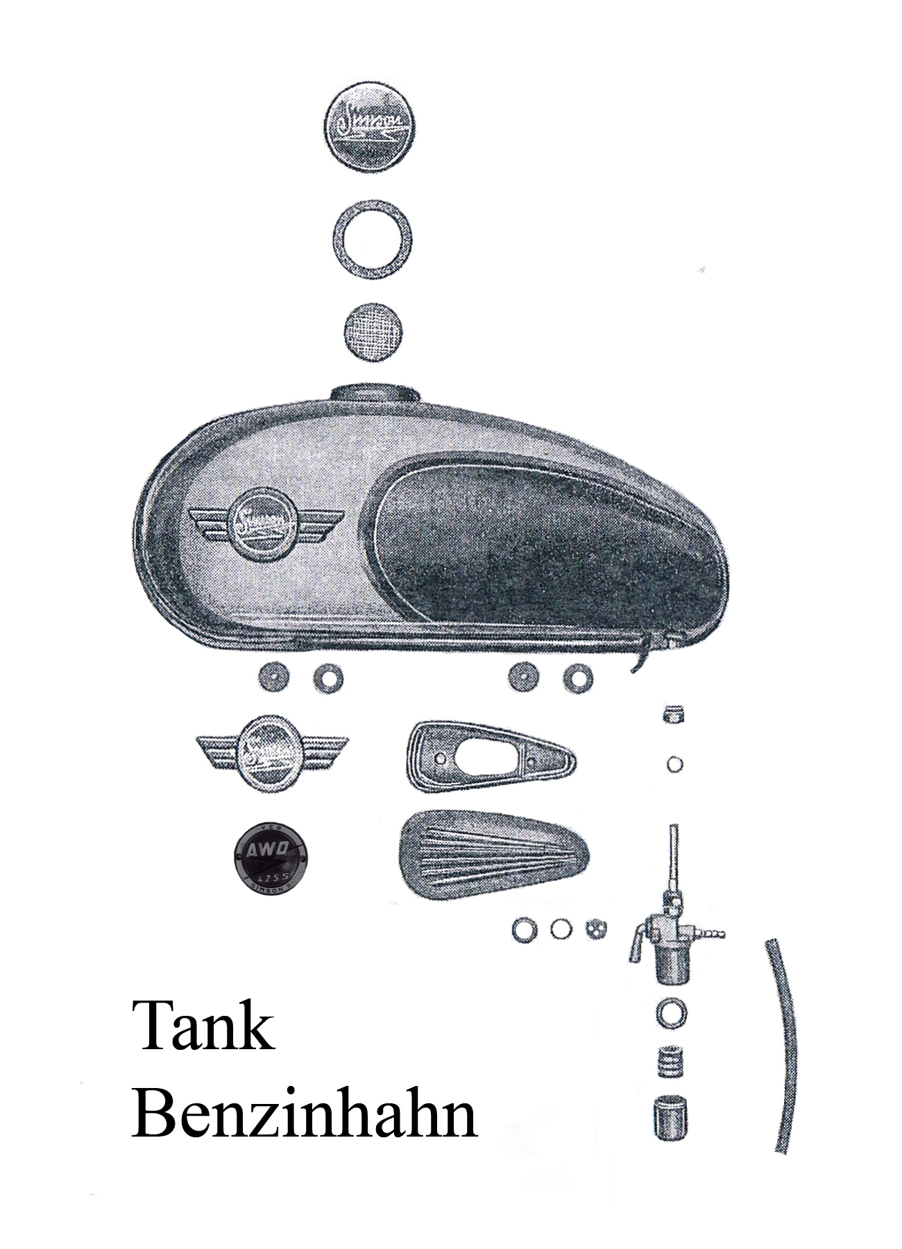 DDR-Motorrad Sport AWO Ersatzteileliste Tankdeckel Benzinhahndichtungen Schlauch Emblem Plakette Kniekissen Halteblech