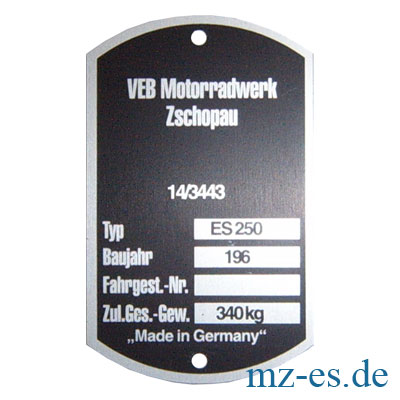 Typenschild MZ ES 250